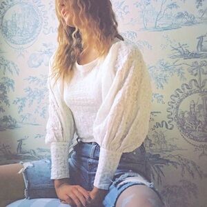 Free People Jasmine Tea Time Lace Blouse, Size S, Ivory, Puff Sleeve